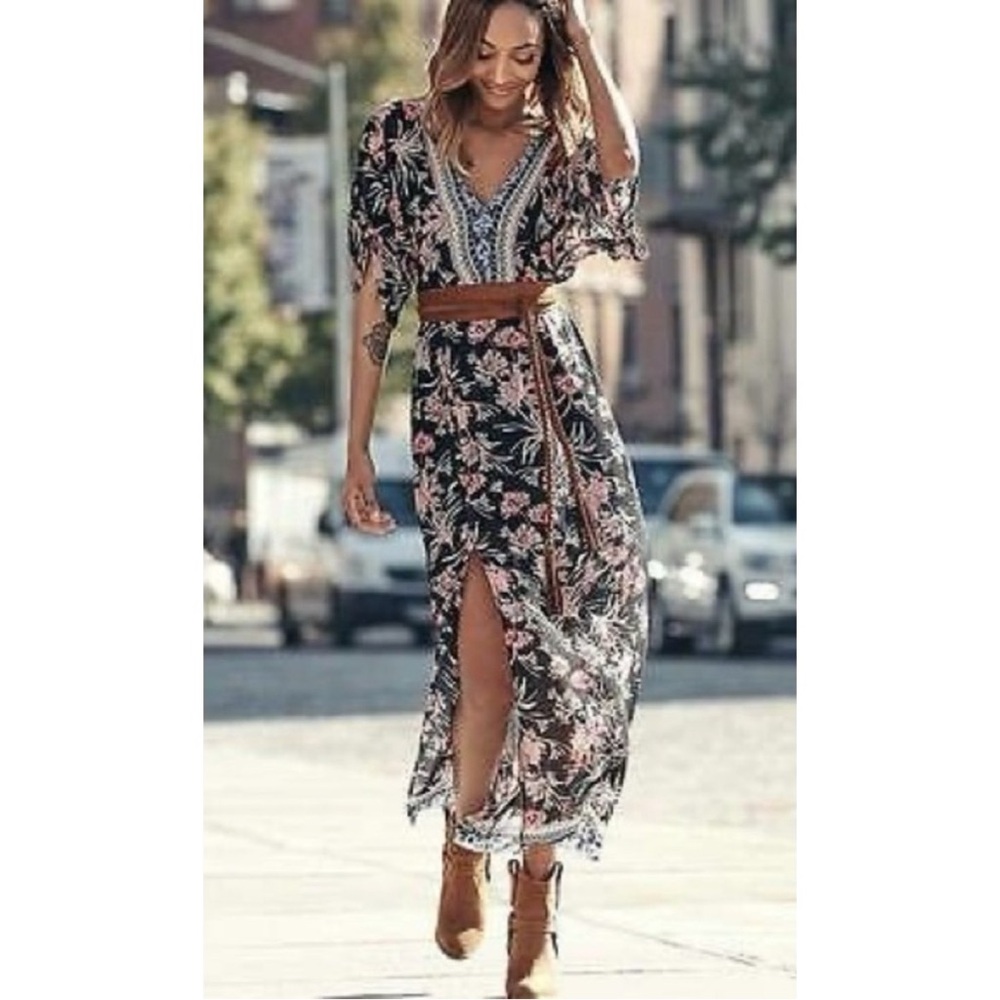 NEW EXPRESS Boho V-Neck Floral Kimono Style Maxi Dress w/ Slit Black Pink White - Picture 1 of 14